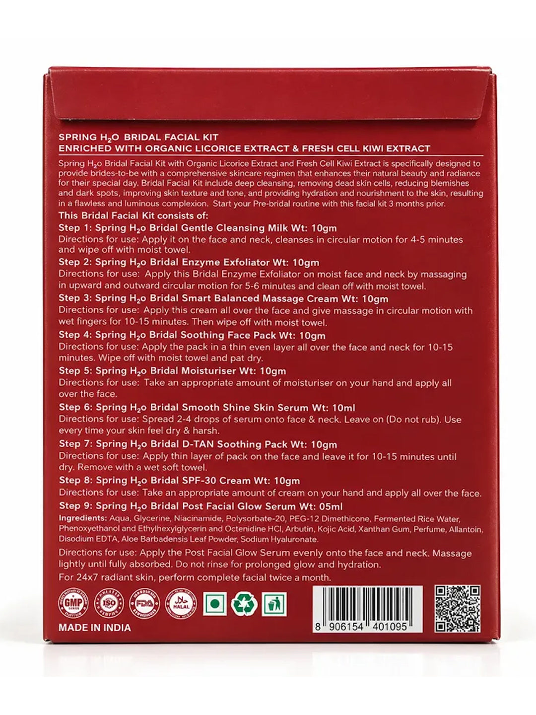 Spring H2O Bridal Facial Kit back of box with 9 step directions for use and ingredients, made in India