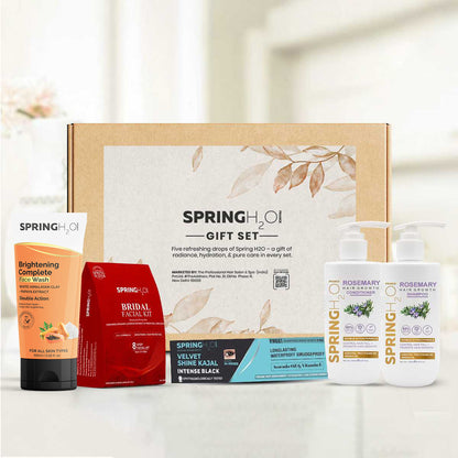Spring H2O Personal Care Gift Hamper - Papaya Facewash, Bridal Facial Kit, Kajal Pencil, Rosemary Shampoo & Conditioner Combo