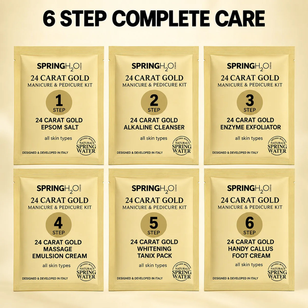 Spring H2O 24 Carat Gold Manicure and Pedicure Kit for professional salon-style hand, foot and nail care with a luxurious gold treatment