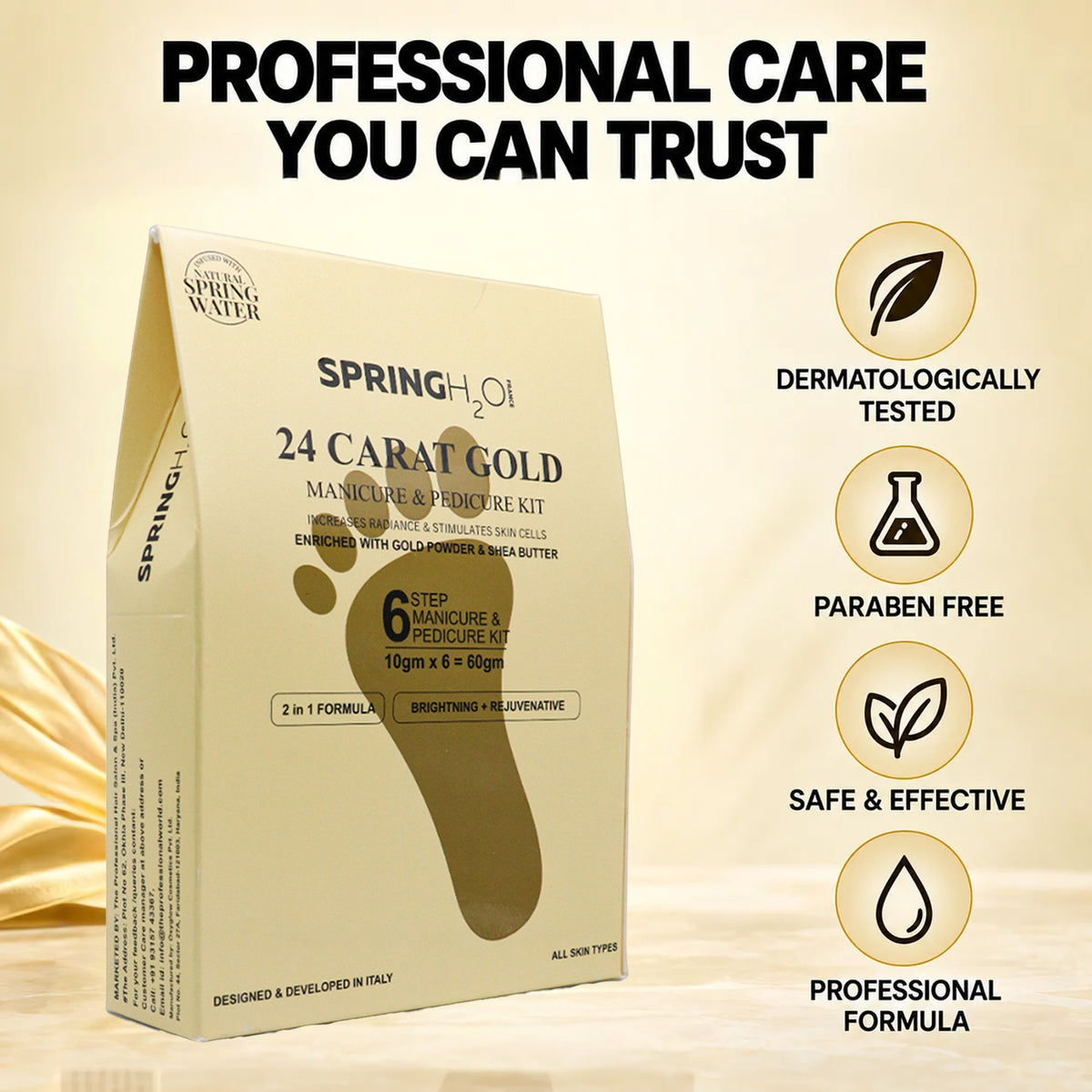Spring H2O 24 Carat Gold Manicure and Pedicure Kit step-by-step treatment for cleansing, exfoliation, moisturization and radiant-looking skin