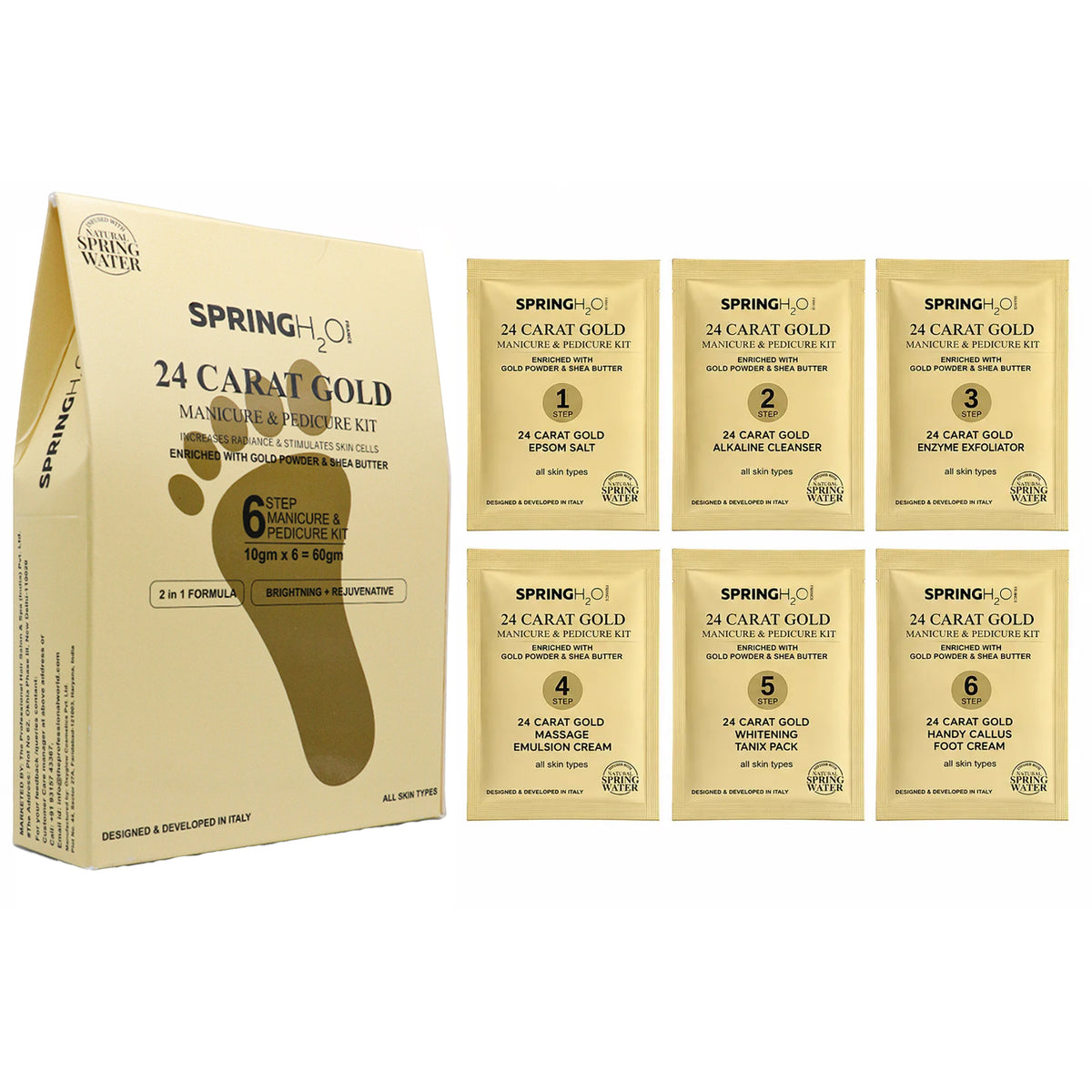 Spring H2O 24 Carat Gold Manicure and Pedicure Kit enriched with gold-infused skincare for luxurious hand, foot and nail care