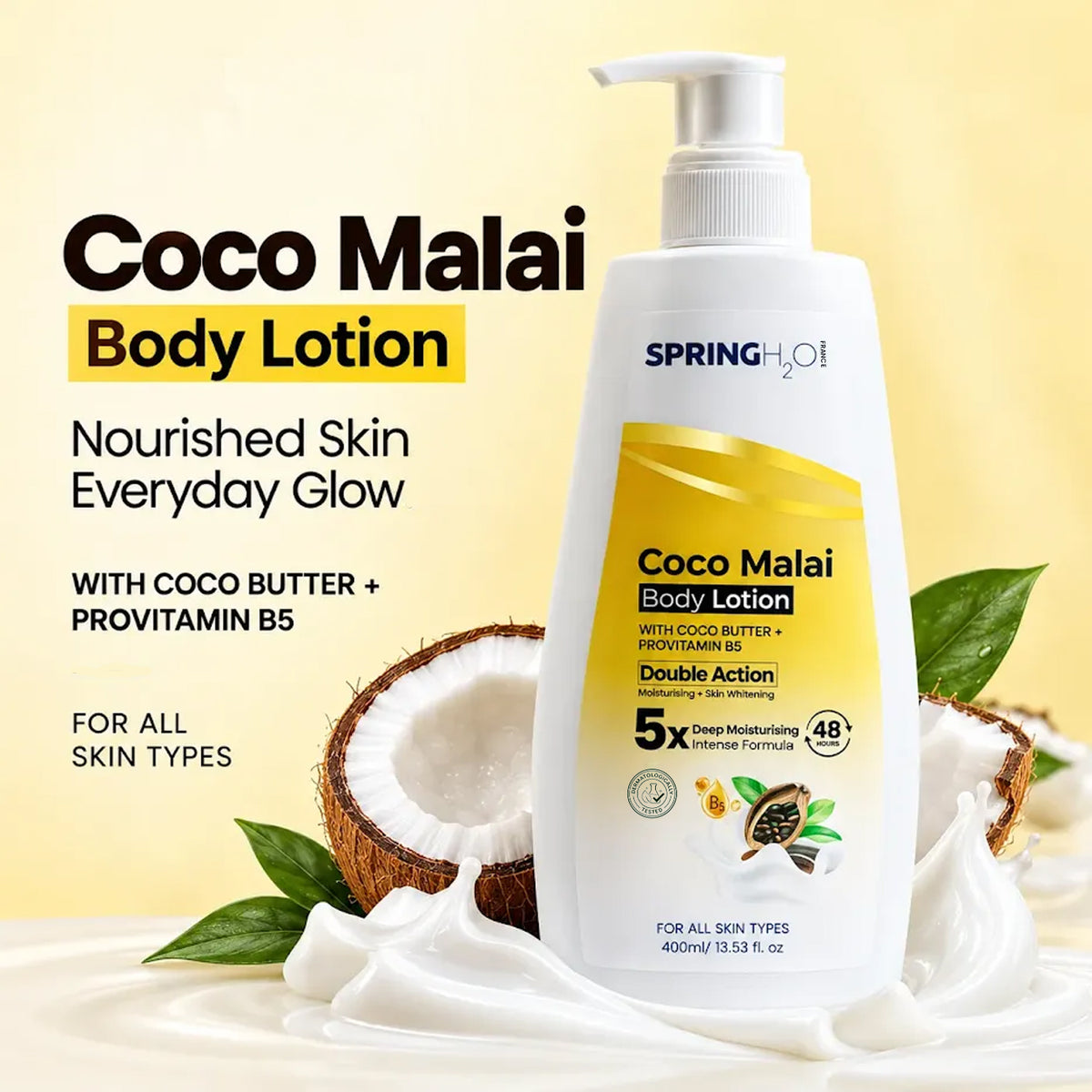 Spring H2O Coco Malai Body Lotion with 5X deep moisturising formula for brighter skin, improved skin texture and a stronger skin barrier