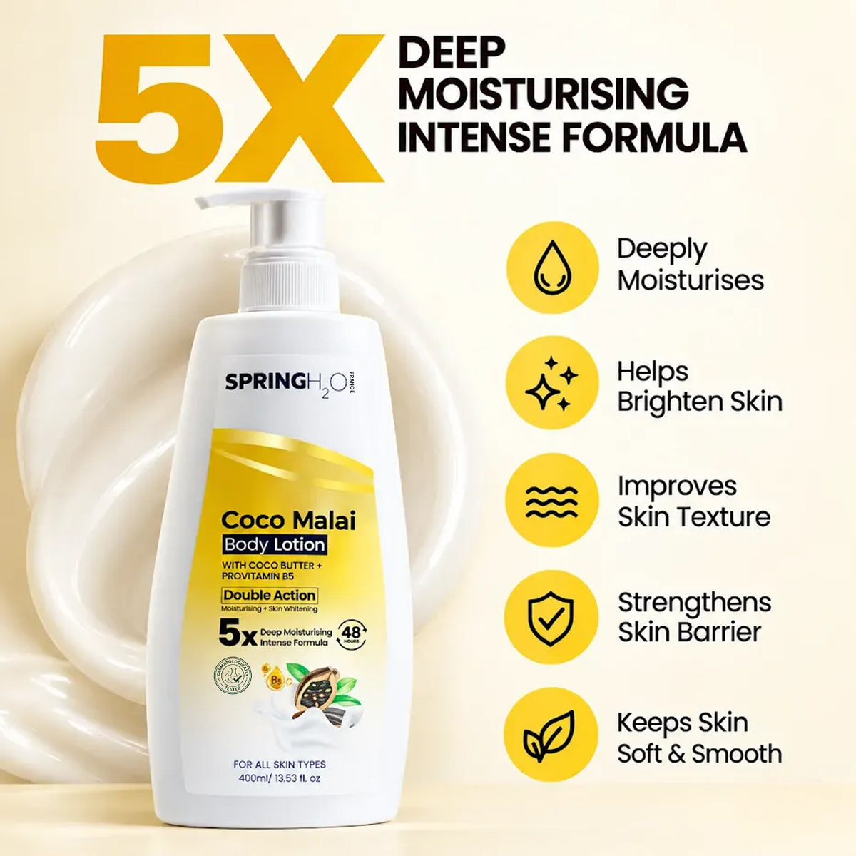Spring H2O Coco Malai Body Lotion with 5X deep moisturising formula for brighter skin, improved skin texture and a stronger skin barrier