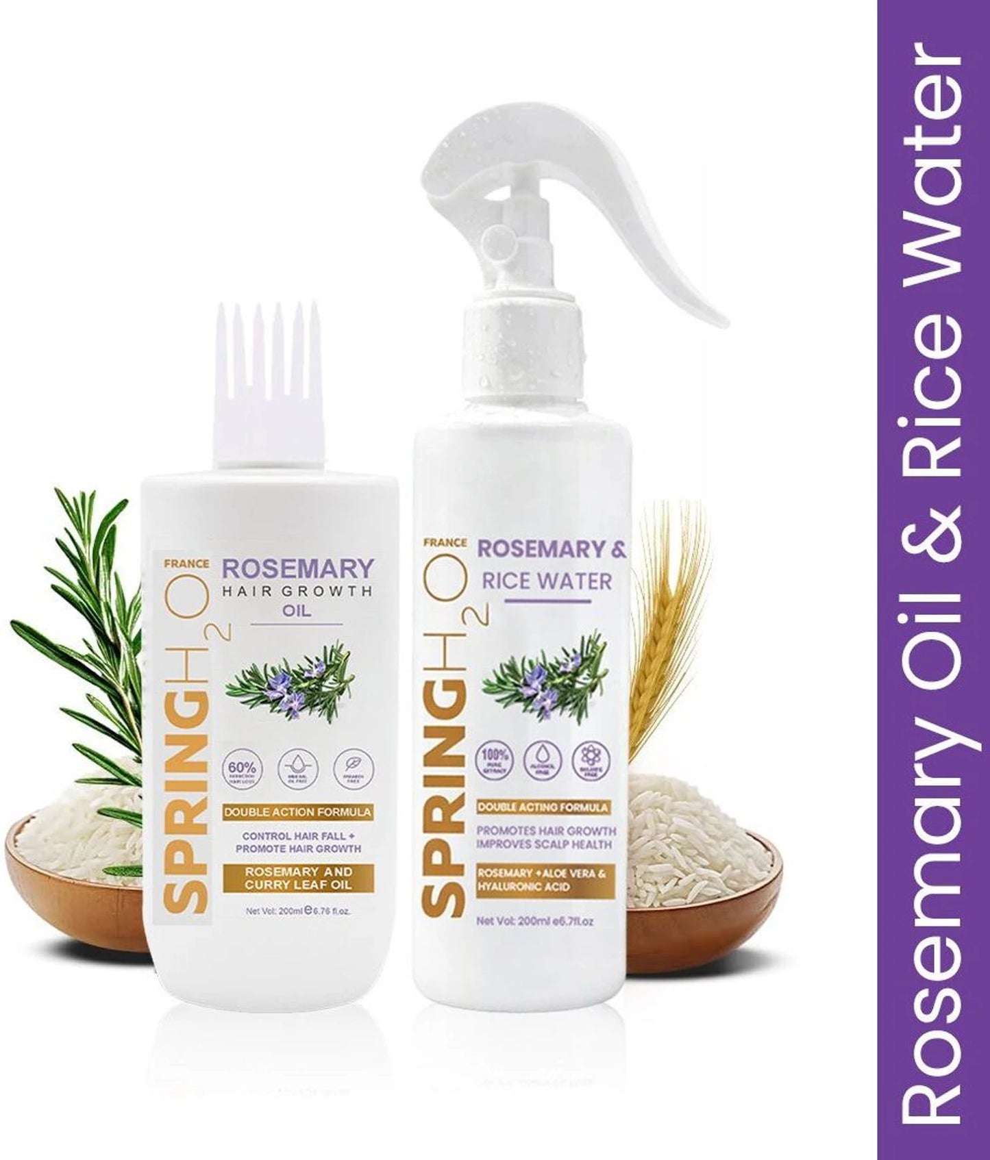 Spring H2O Rosemary & Rice Water Hair Spray and Rosemary Oil Combo for Hair Re-Growth