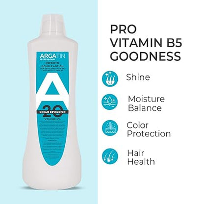 Argatin Professional Refecto Hair Color Developer 20 Volume (6%) – Cream Developer with Pro Vitamin B5 – Double Action Formula for Rich, Long-Lasting Hair Colour – 1000ml