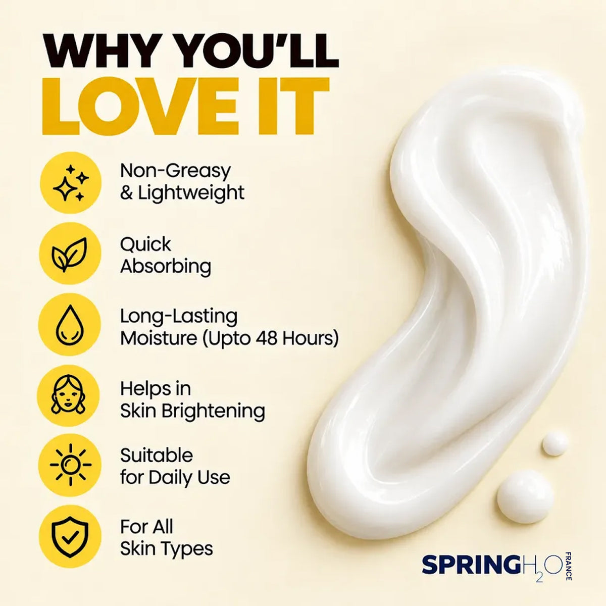 Spring H2O Coco Malai Body Lotion benefits including non-greasy lightweight formula, quick absorption, 48-hour moisture and skin brightening