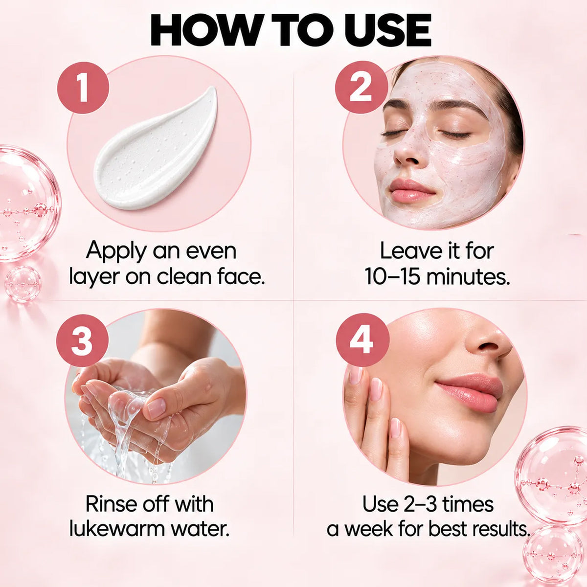 Spring H2O skincare product how to use guide with application, 10 to 15 minute treatment, rinsing and weekly usage instructions
