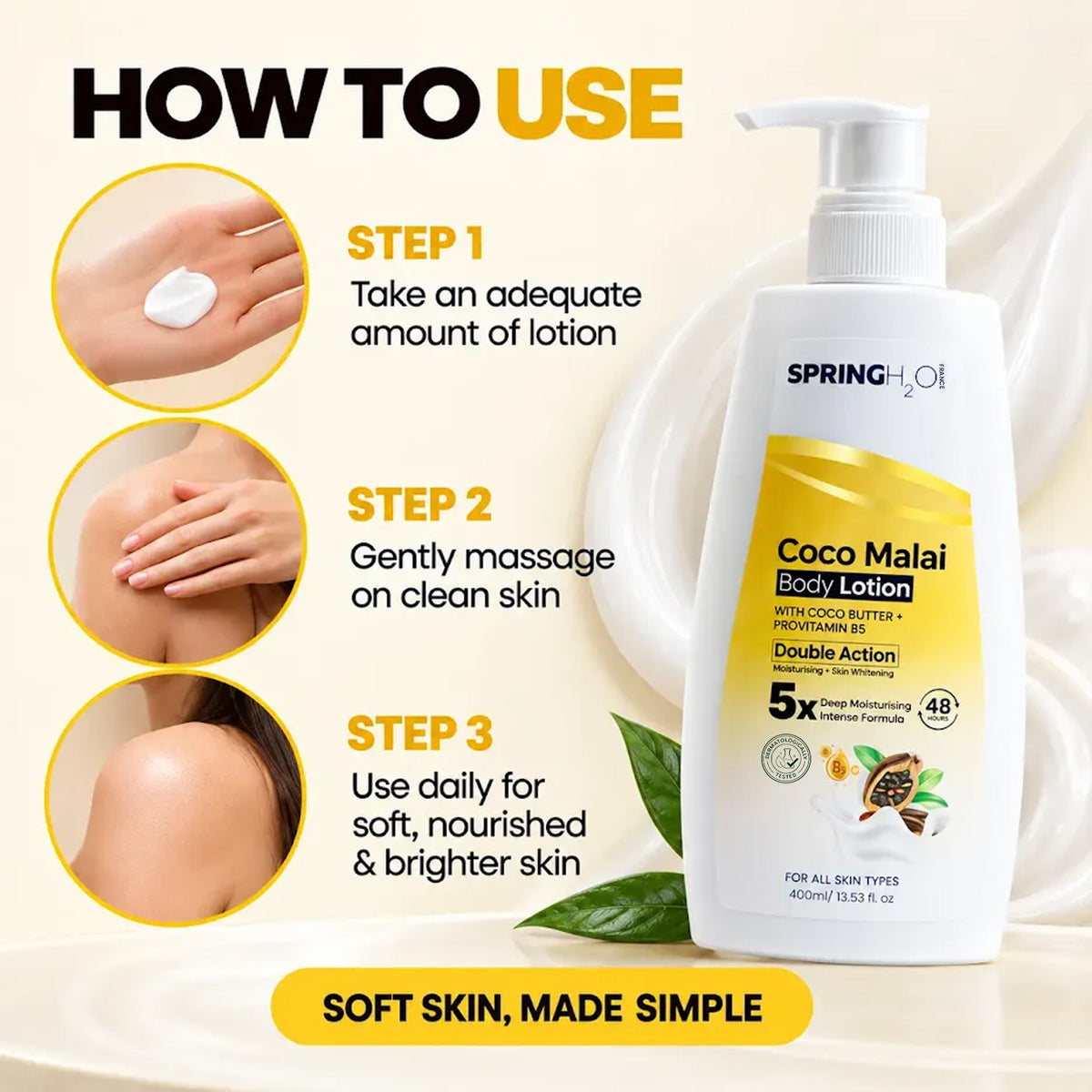Spring H2O Coco Malai Body Lotion with Coco Butter and Pro Vitamin B5, daily body moisturizer for soft and nourished skin