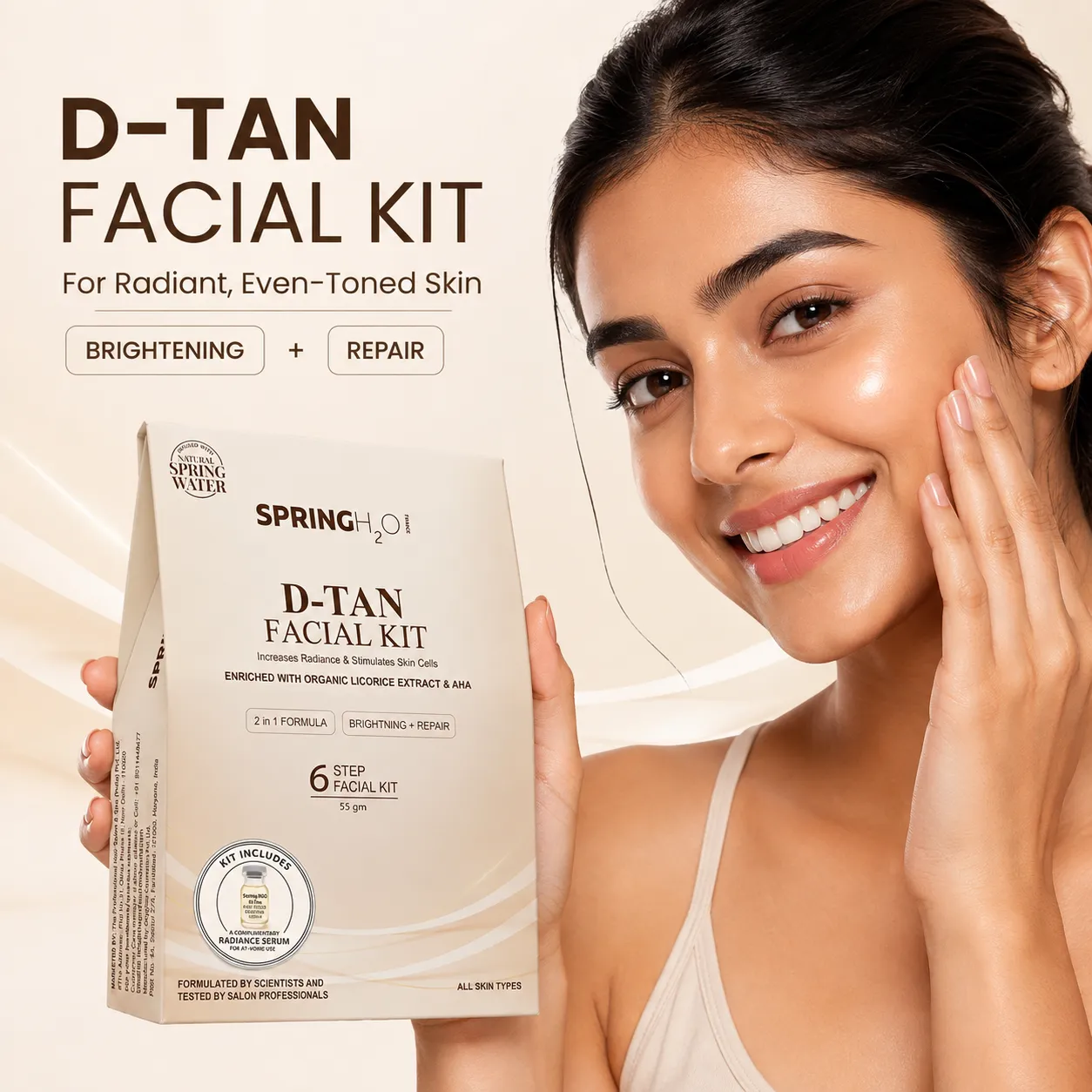 SPRING H2O D-TAN Facial Kit 55g | 5 Step Facial Kit at Home for Tan Removal, Brightening & Glowing Skin