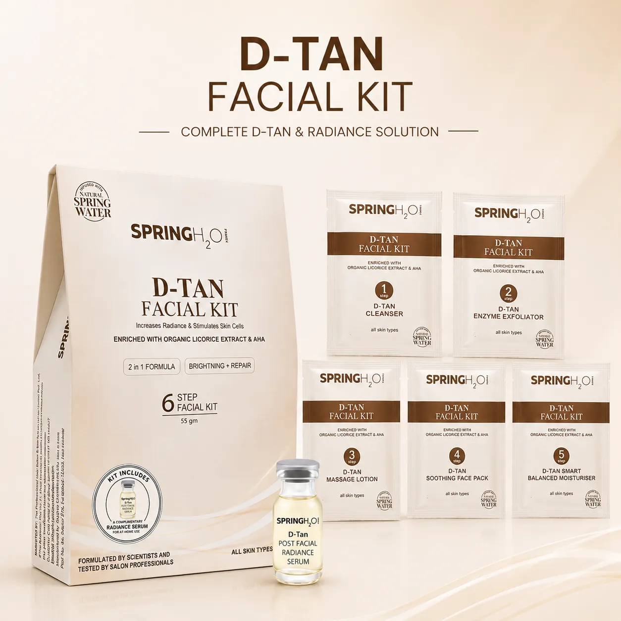 SPRING H2O D-TAN Facial Kit 55g | 5 Step Facial Kit at Home for Tan Removal, Brightening & Glowing Skin