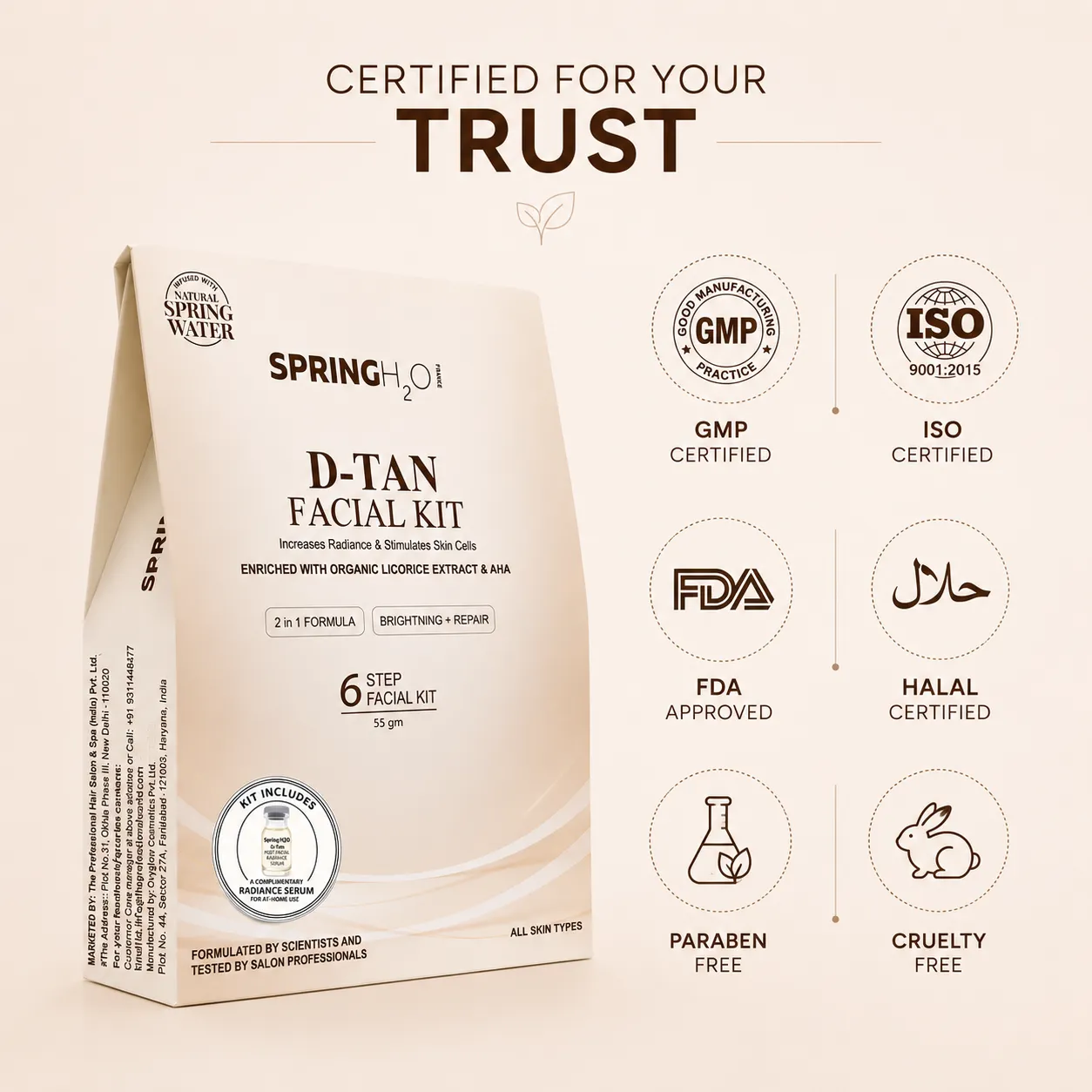 SPRING H2O D-TAN Facial Kit 55g | 5 Step Facial Kit at Home for Tan Removal, Brightening & Glowing Skin