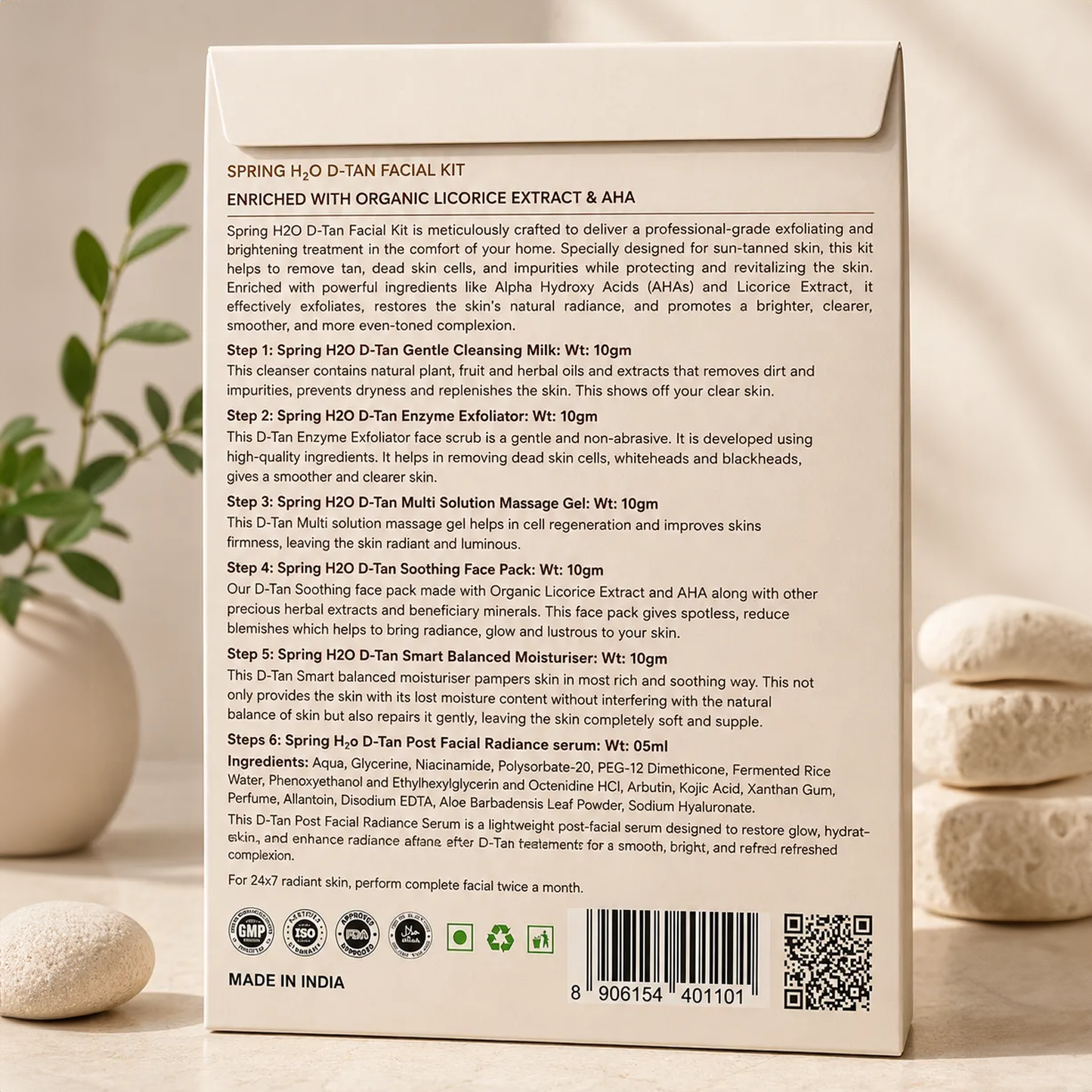 SPRING H2O D-TAN Facial Kit 55g | 5 Step Facial Kit at Home for Tan Removal, Brightening & Glowing Skin
