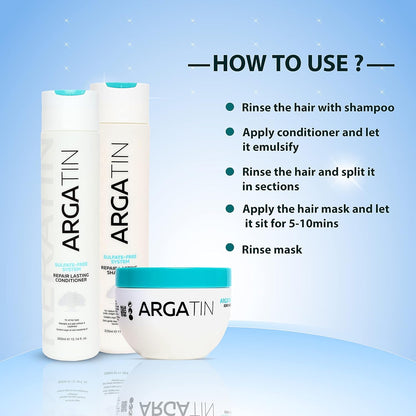 Argatin Keratin Repair Lasting Sulfate-Free Shampoo (330ml) + Conditioner (300ml) + Hair Mask (250ml) Combo | Hair Care Kit for Women and Men | Repairs Dry, Frizzy & Damaged Hair | Salon-Like Smooth Hair