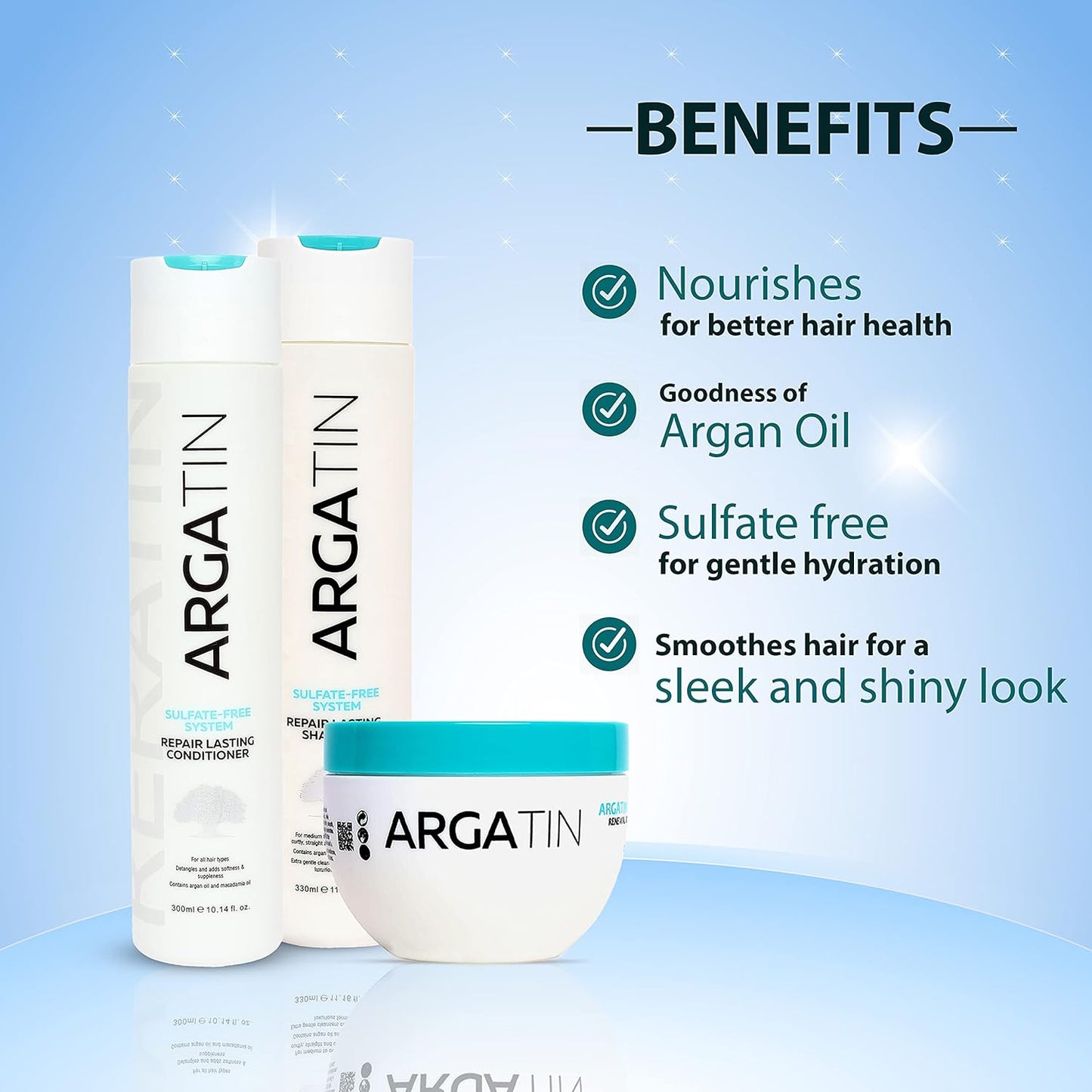 Argatin Keratin Repair Lasting Sulfate-Free Shampoo (330ml) + Conditioner (300ml) + Hair Mask (250ml) Combo | Hair Care Kit for Women and Men | Repairs Dry, Frizzy & Damaged Hair | Salon-Like Smooth Hair