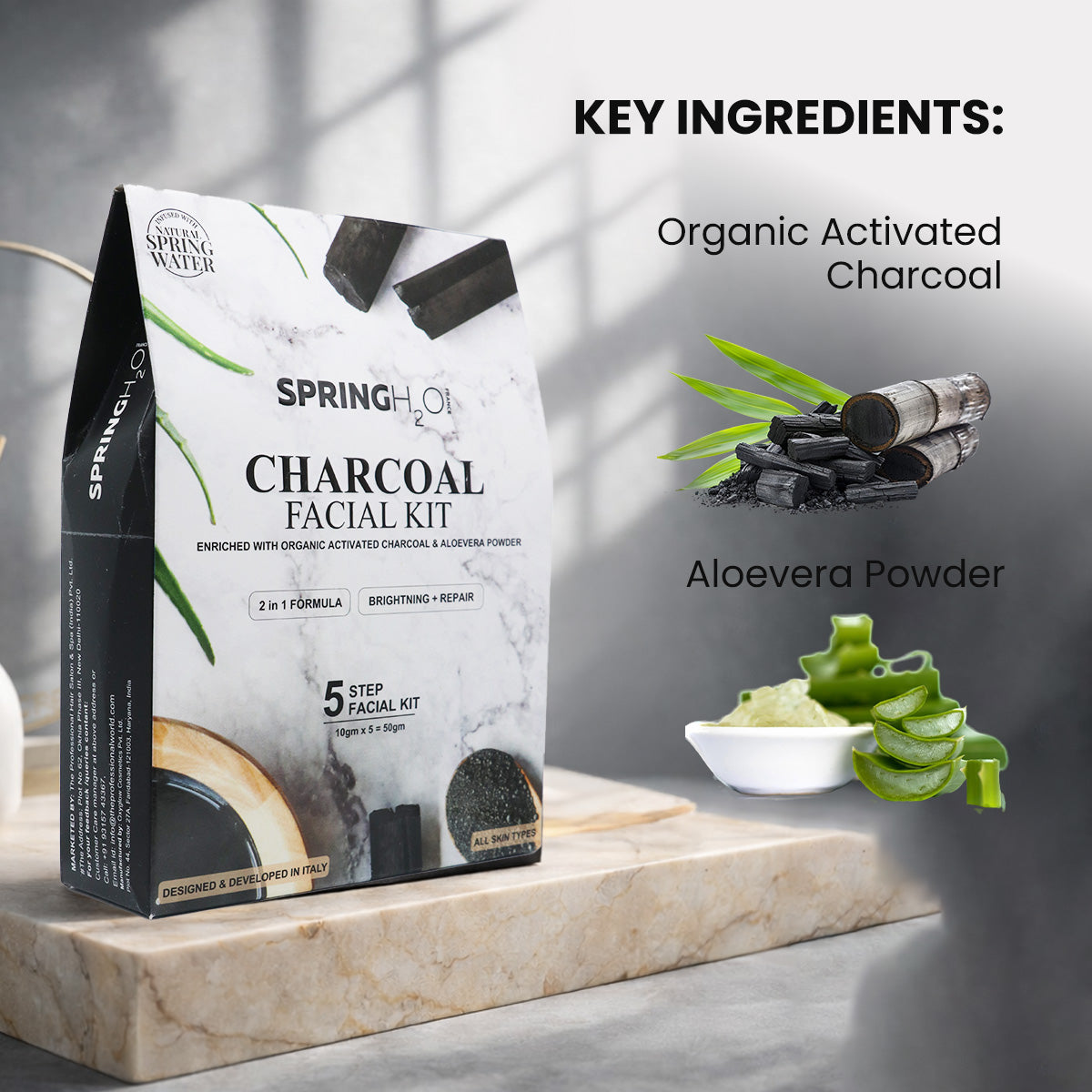 SPRING H2O Charcoal Facial Kit 50 gm 2 in 1 Formula Brightning+Repair 5 Step Pack of 2