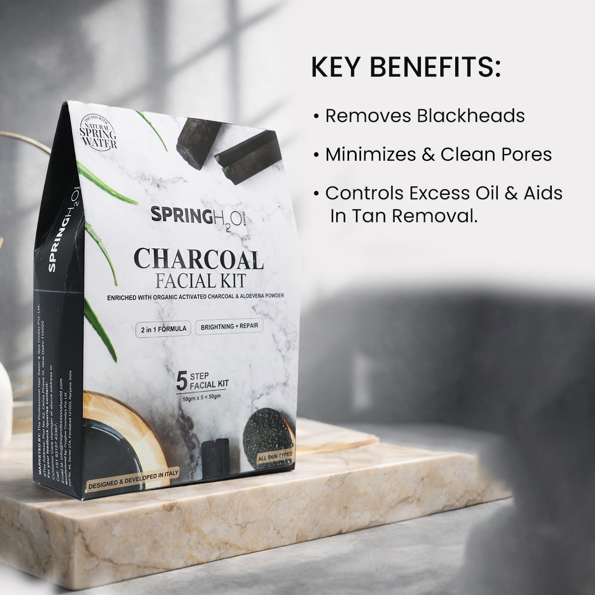 SPRING H2O Charcoal Facial Kit 50 gm 2 in 1 Formula Brightning+Repair 5 Step Pack of 2