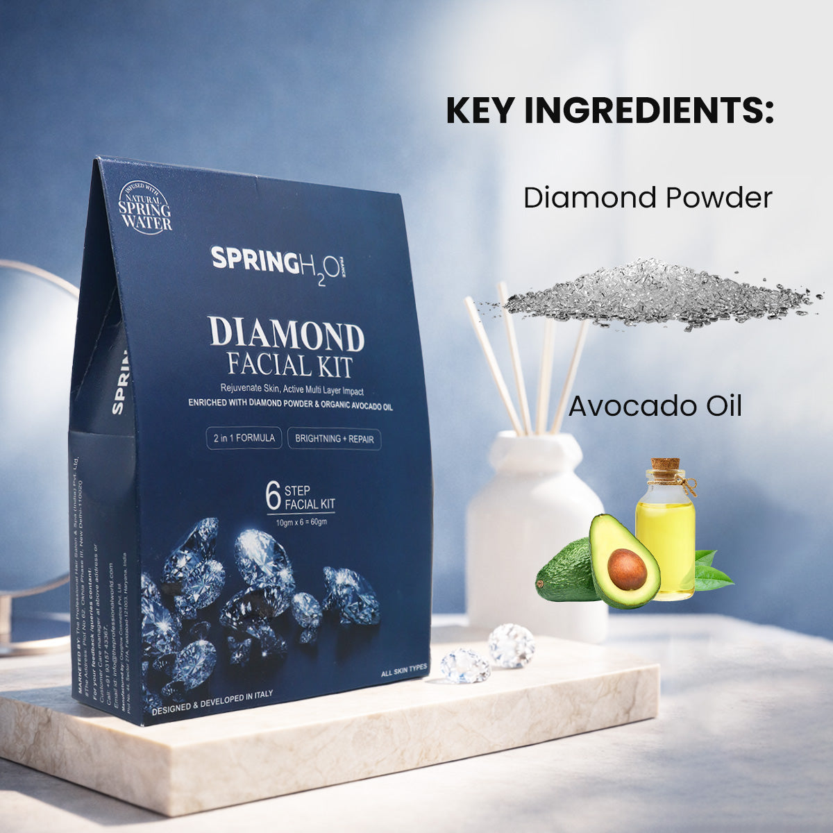 SPRING H2O Diamond Facial Kit 60 gm 2 in 1 Formula Brightening+ Repair 6 Step