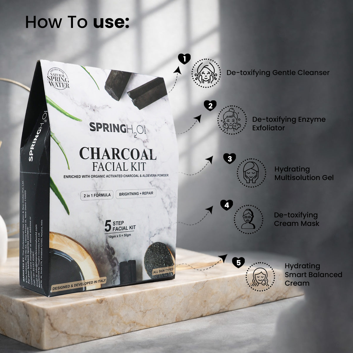 SPRING H2O Charcoal Facial Kit 50 gm 2 in 1 Formula Brightning+Repair 5 Step Pack of 2