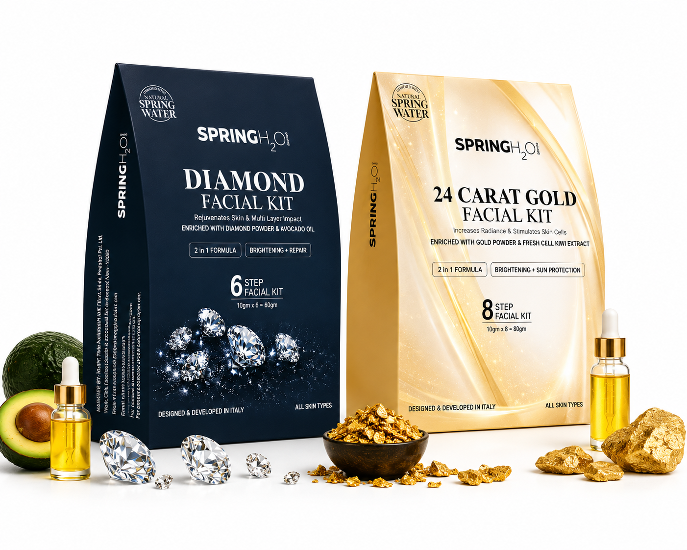 SPRING H2O 24 Carat Gold Facial Kit + Diamond Facial Kit For Anti Acne, Repair, Brightening & Glowing Skin Combo (2 Items in the set)