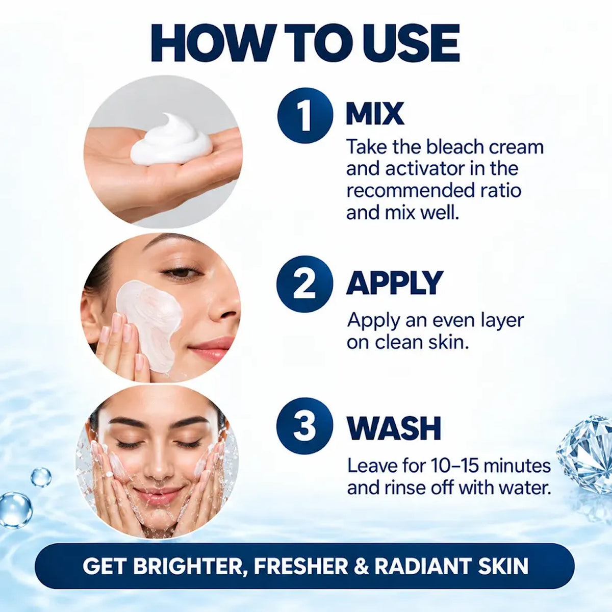 Spring H2O Diamond Bleach Cream how to use with mixing, facial application and washing steps for brighter radiant skin