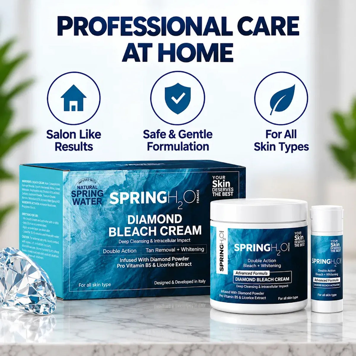 Spring H2O Diamond Bleach Cream for professional care at home with salon-like results and a gentle formula for all skin types