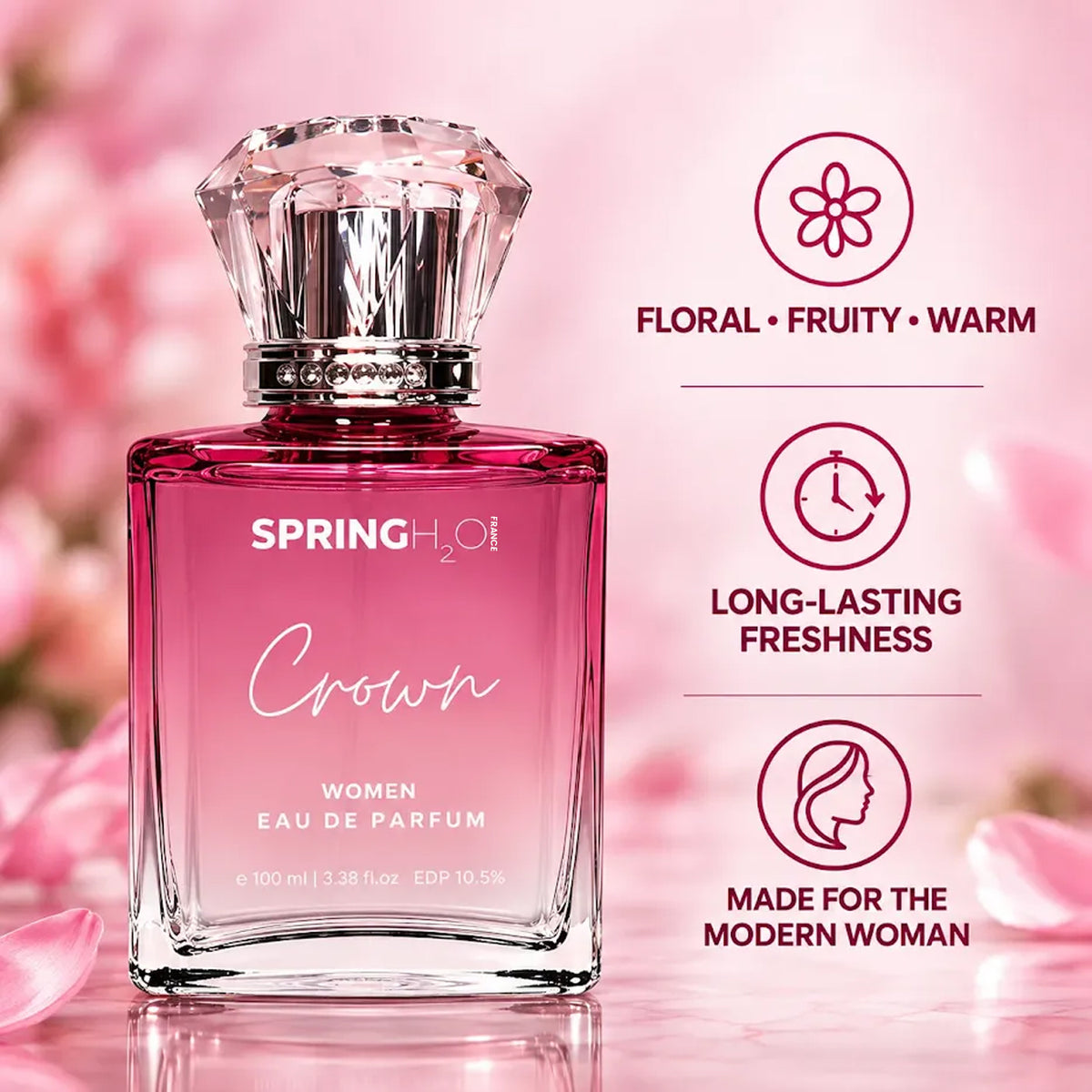 Spring H2O Crown Women Eau de Parfum 100ml with elegant feminine fragrance, premium bottle design and long-lasting scent