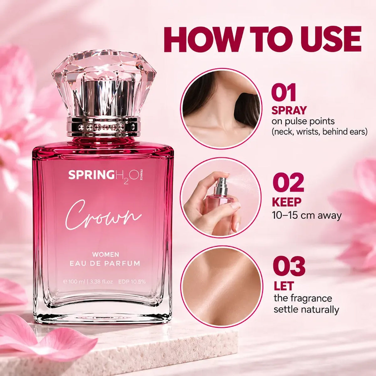 Spring H2O Crown Women Eau de Parfum 100ml with elegant floral fragrance in a premium crown-shaped perfume bottle for women
