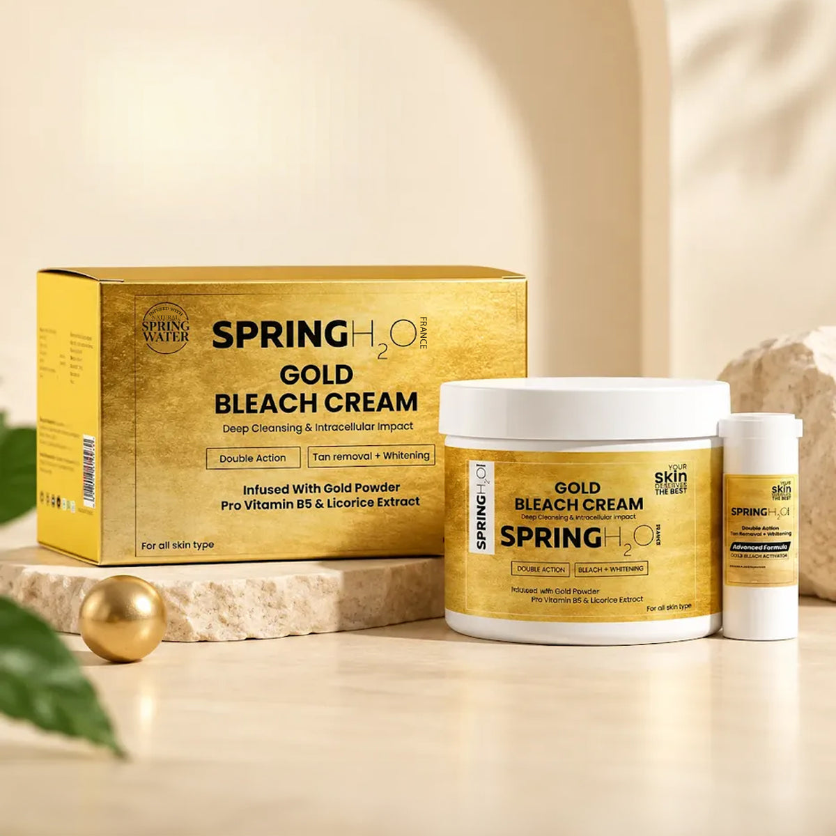 Spring H2O Gold Bleach Cream with Gold Powder, Pro Vitamin B5 and Licorice Extract for tan removal and skin brightening