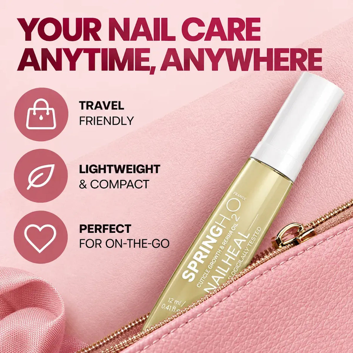 Spring H2O Nail Heal Cuticle Growth and Repair Oil 12 ml, lightweight and travel-friendly nail care