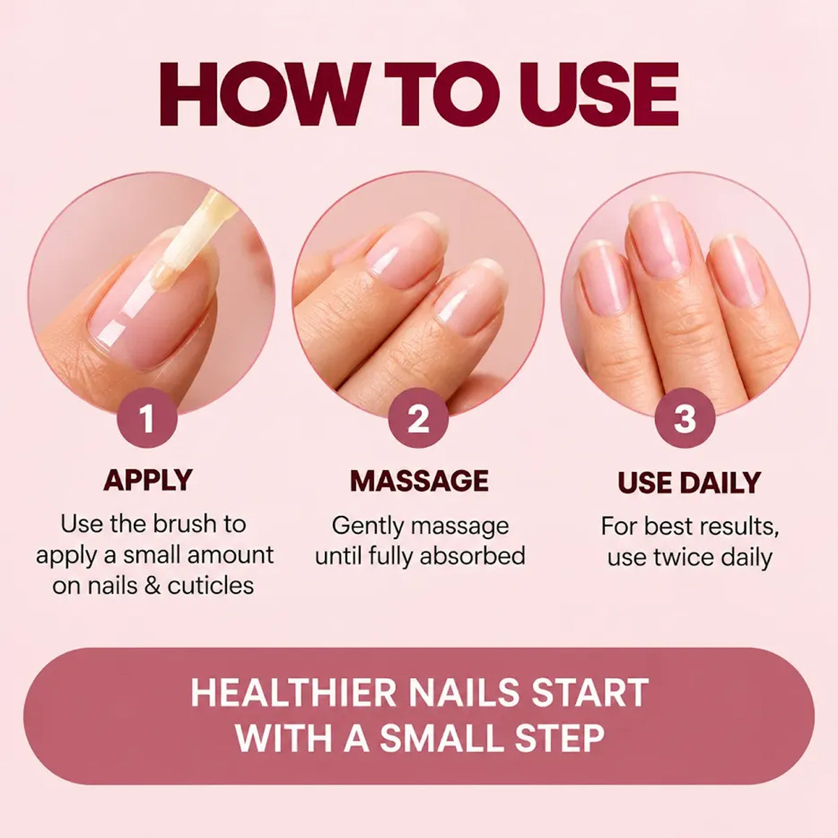 How to use Spring H2O Nail Heal Cuticle Growth and Repair Oil – apply, massage and use twice daily