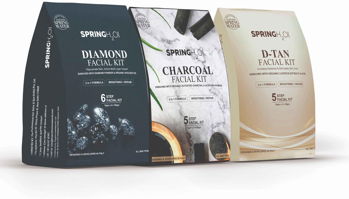 SPRING H2O Facial Kit Combo - D-Tan 50g, Charcoal Facial Kit 60g, & Diamond Facial Kits 60g | Complete Skincare Set for Radiant Skin | All Skin Type