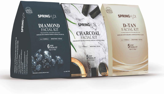 SPRING H2O Facial Kit Combo - D-Tan 50g, Charcoal Facial Kit 60g, & Diamond Facial Kits 60g | Complete Skincare Set for Radiant Skin | All Skin Type