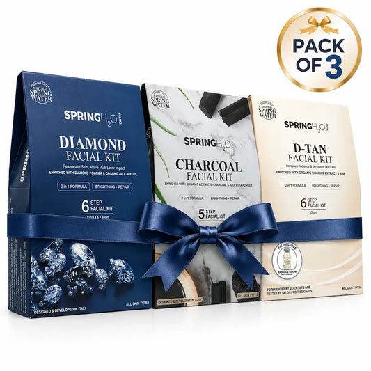 SPRING H2O Facial Kit Combo - D-Tan 50g, Charcoal Facial Kit 60g, & Diamond Facial Kits 60g | Complete Skincare Set for Radiant Skin | All Skin Type