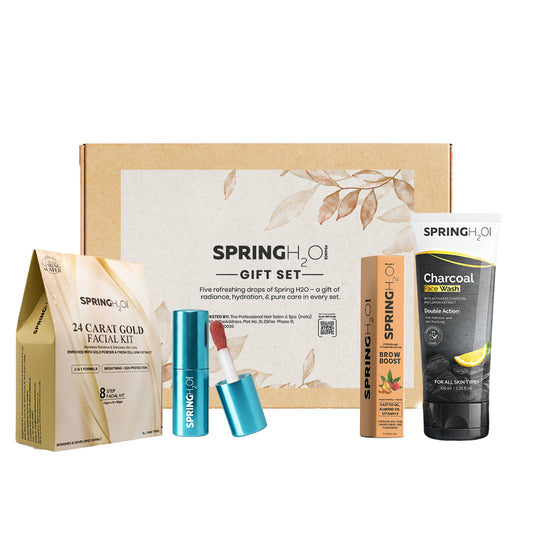 Spring H2O 24 Carat Gold Facial Kit, Matte Lipstick Rose Cloak 05, BrowBoost Growth Oil & Charcoal Face Wash