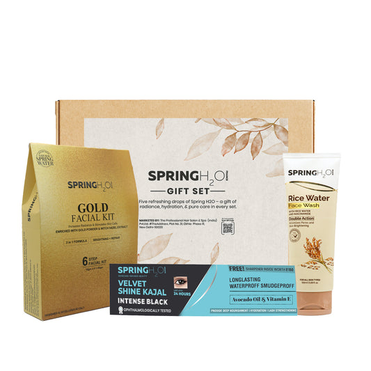 Spring H2O Gold Facial Kit + Rice Water Face Wash + Velvet Shine Kajal Gift Set