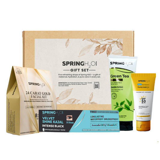 SPRING H2O 24K Gold Facial Kit, Green Tea Face Wash, SPF 50 Sunscreen & Velvet Shine Kajal